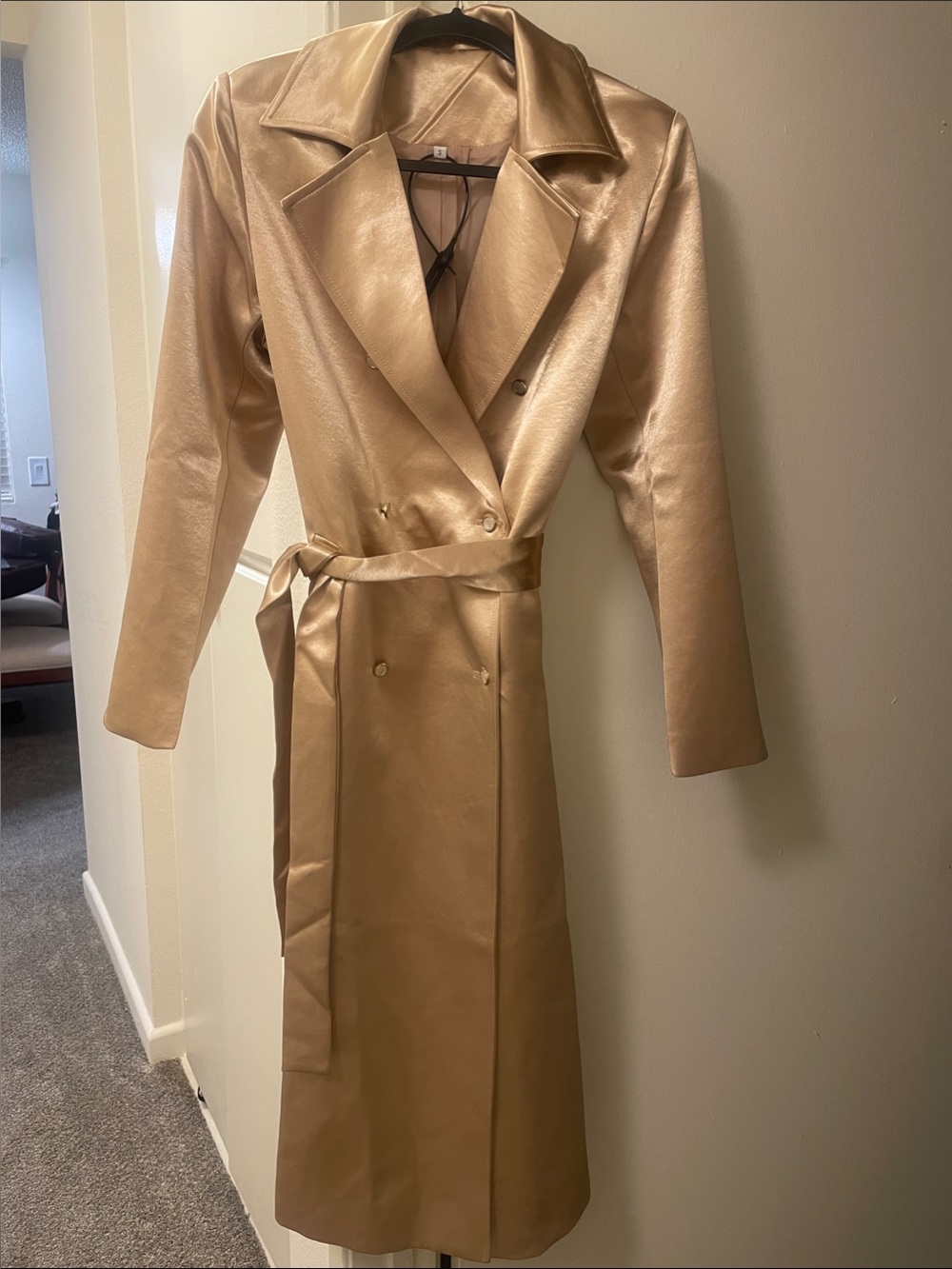 Metallic Gold Satin Trench Coat with Belt